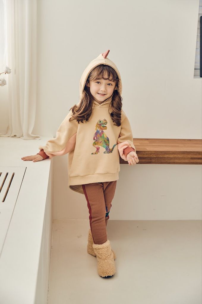 韓國 Mimico - 恐龍角造型連帽內刷毛長袖上衣-淺卡其