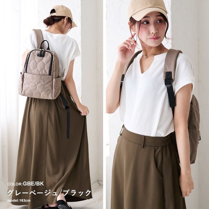 日本 LIZDAYS - 8口袋輕量絎縫防潑水時尚後背包-軍綠