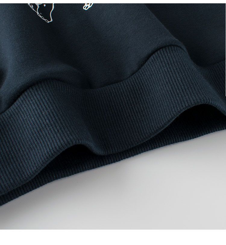 加絨棉質圓領長袖上衣/大學T-劍龍-深藍色