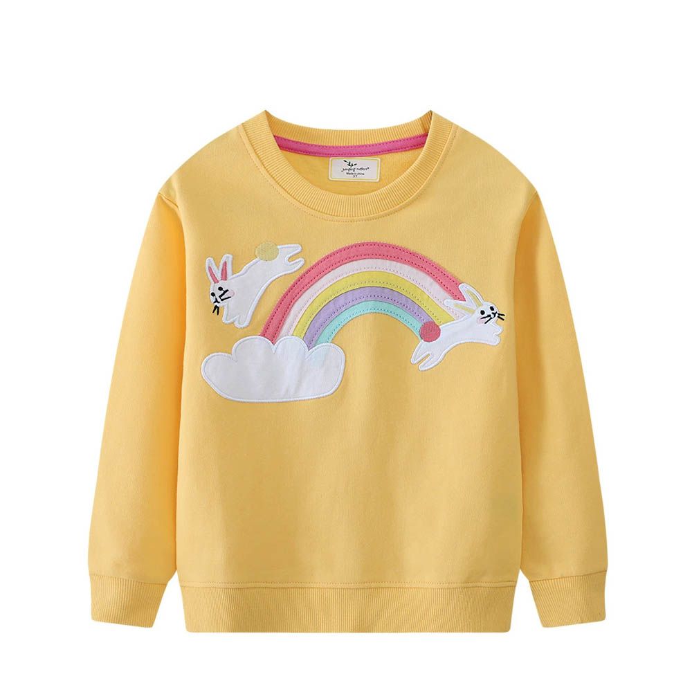 棉質圓領長袖上衣/大學T-彩虹兔兔-黃色