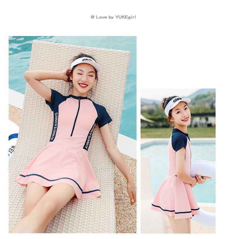 運動風短袖連身泳裝-側腰英文字-藕粉+灰藍