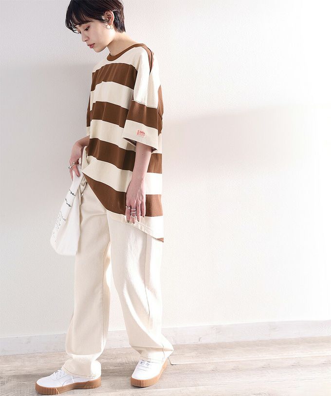 日本 Classical Elf - Java 純棉寬條紋落肩五分袖上衣-白x灰