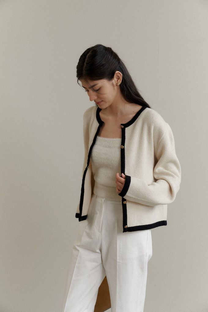 韓國女裝連線 - 百搭無領金釦針織外套-深藍 (FREE)