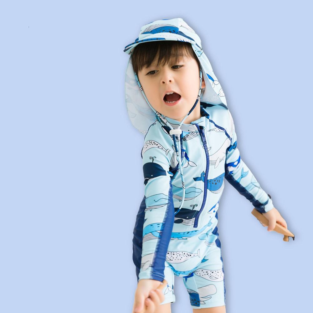 男寶長袖連身泳裝(附帽子)-鯨魚-深藍+淺藍
