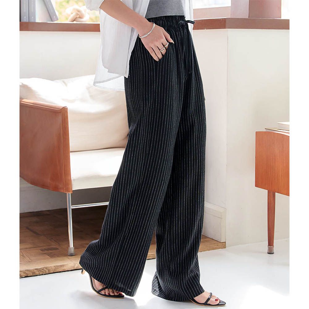 清爽棉麻鬆緊休閒寬褲-直紋-黑 (F)