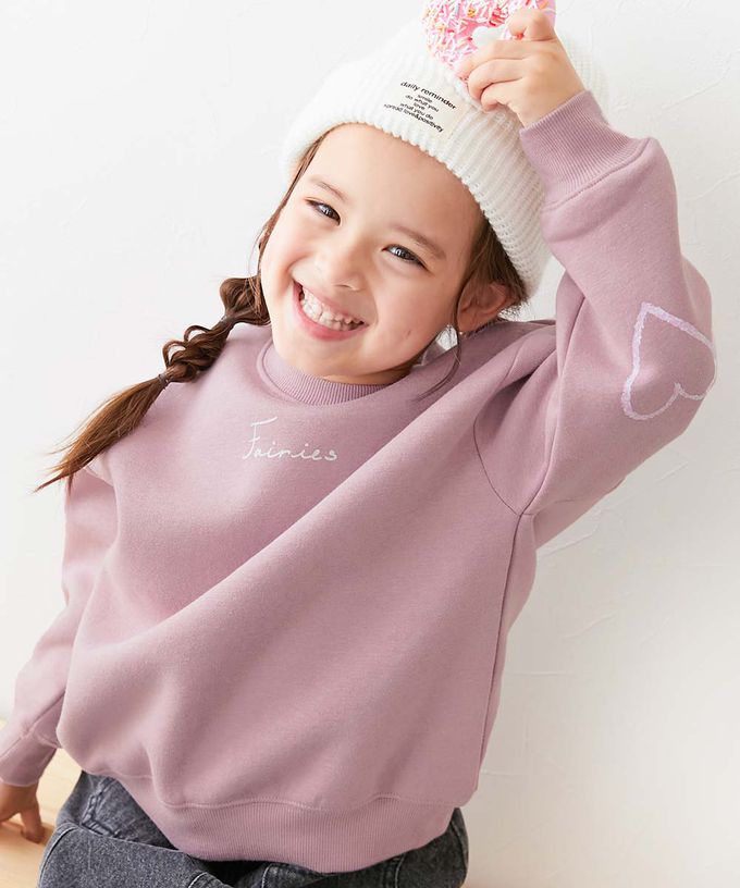 日本 devirock - 熱銷定番 裏起毛女孩印花大學長袖上衣-滿滿愛心-桃粉