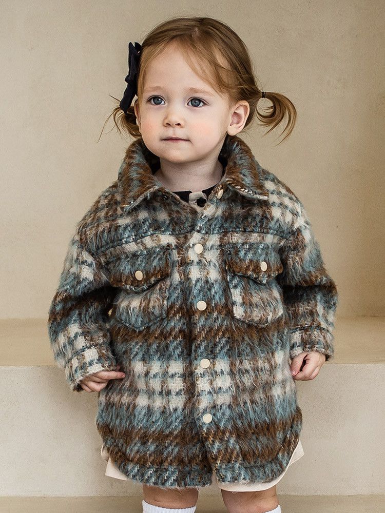 韓國Pimpollo - 藍格紋襯衫型保暖外套-棕