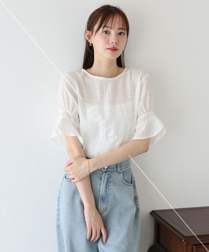 日本 BLUE EAST - 細緻圓點緹花透膚短袖上衣-黑