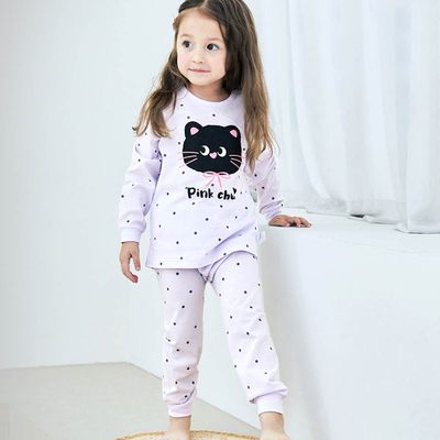 韓國 Maykids - 細緻柔棉薄長袖家居服-點點黑貓-淺紫