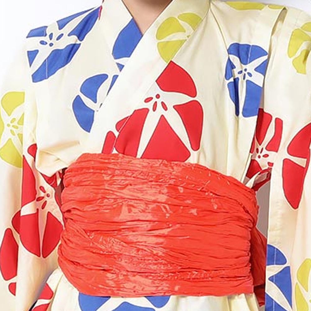 日本 devirock - 純棉夏日祭典花朵浴衣兵兒帶2件組-朝顏-藍黃x橘