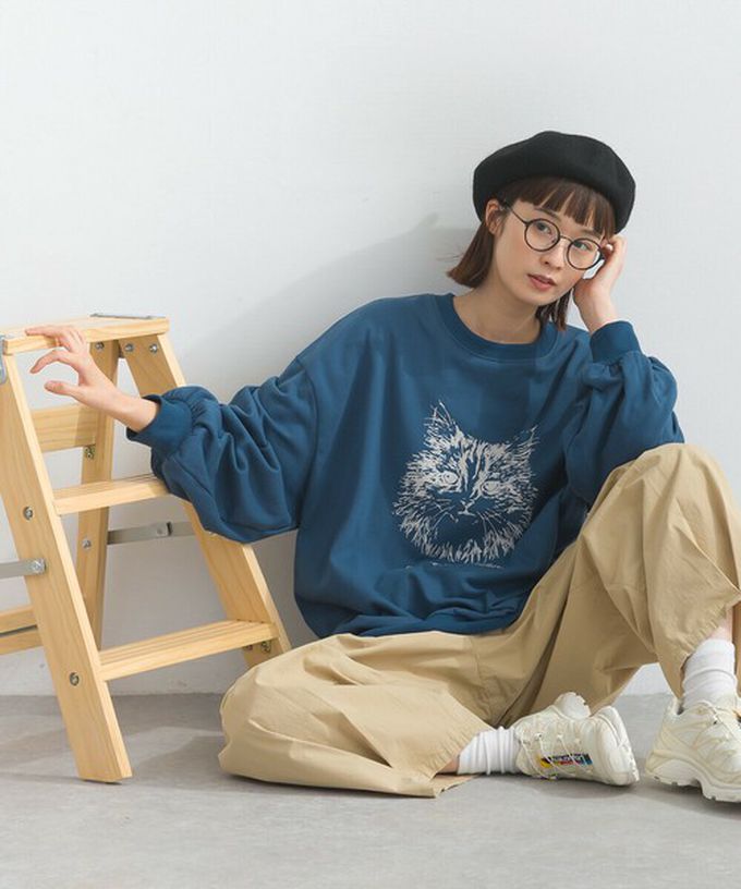 日本 Lupilien - 線條貓咪印花裏毛長袖上衣-藍