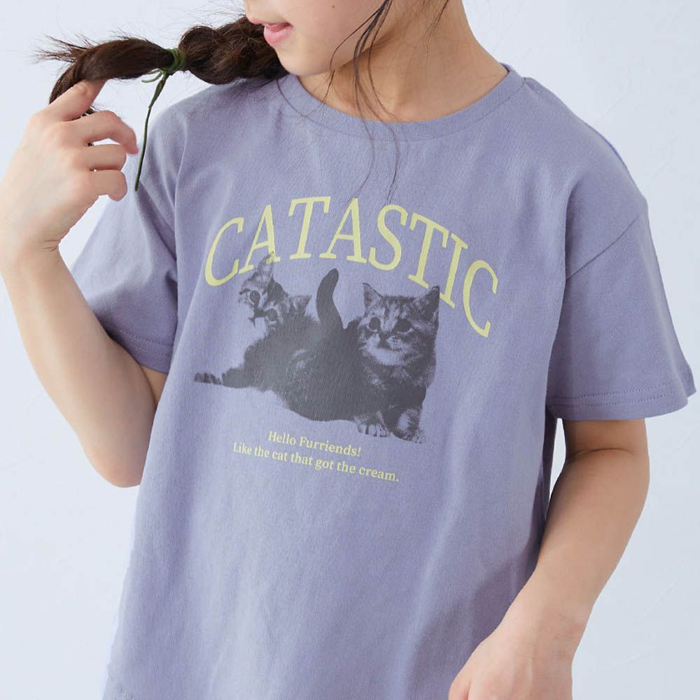 100%棉 可愛女孩印花短袖上衣-貓咪-藍紫