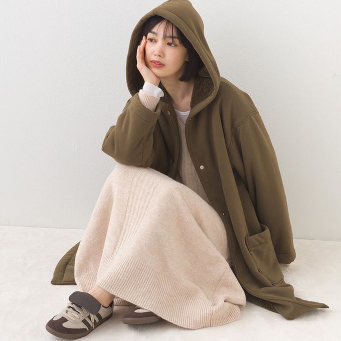 日本 OMNES - 溫暖內抓絨休閒長版連帽外套-咖啡棕