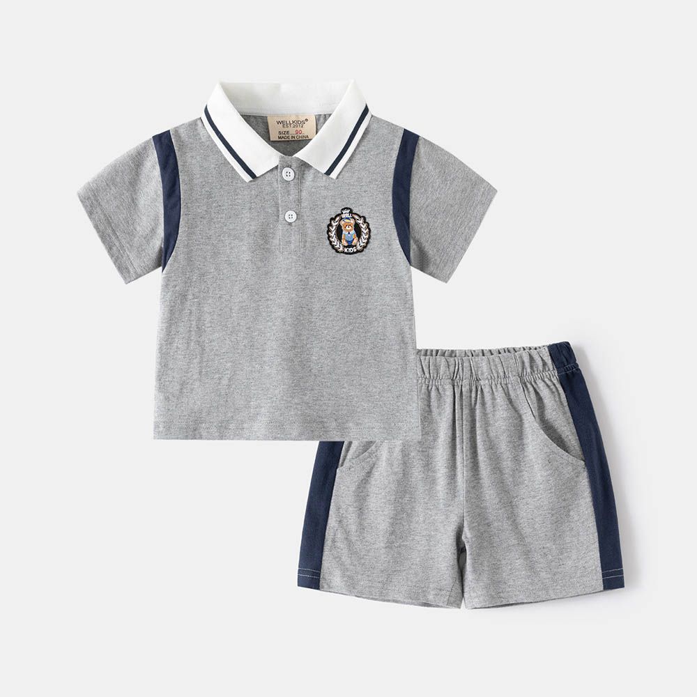 休閒翻領短袖上衣+五分褲套裝-拼色小熊-灰色