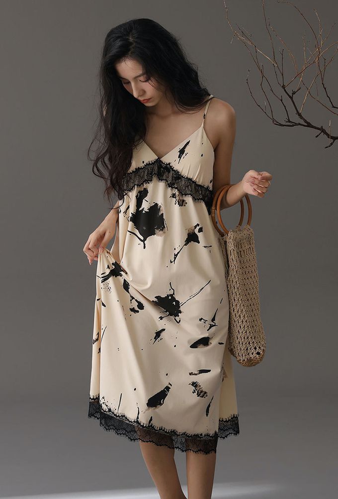 極簡潑墨風細肩帶抗菌棉質洋裝居家服