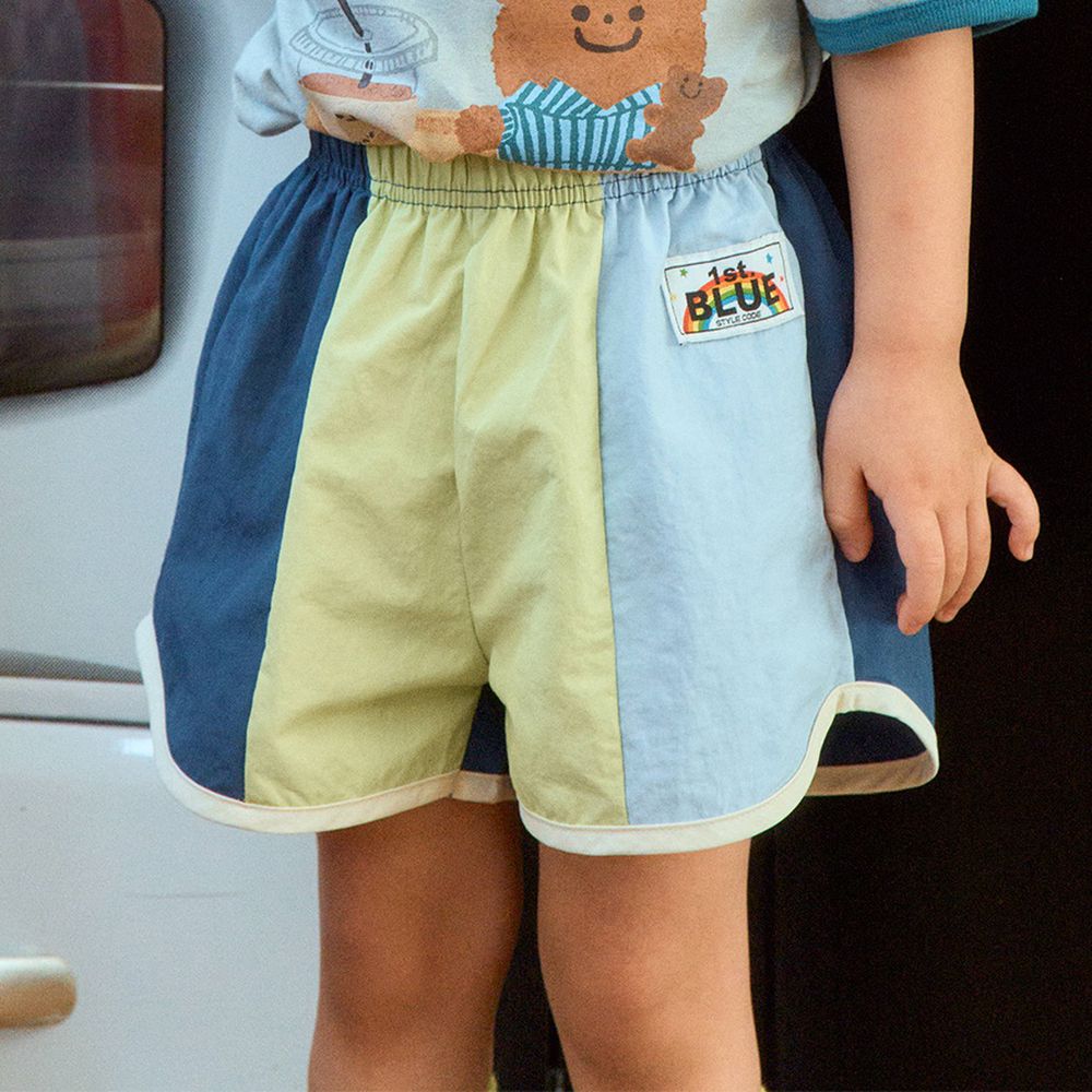 First Blue 鬆緊腰撞色拼接尼龍短褲-淺綠X淺藍X深藍