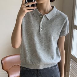 韓國女裝連線 - 翻領小釦羊毛混織短袖上衣-淺灰 (FREE)