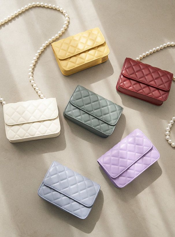 日本 GRL - 菱格紋珍珠鏈小方側背包-白