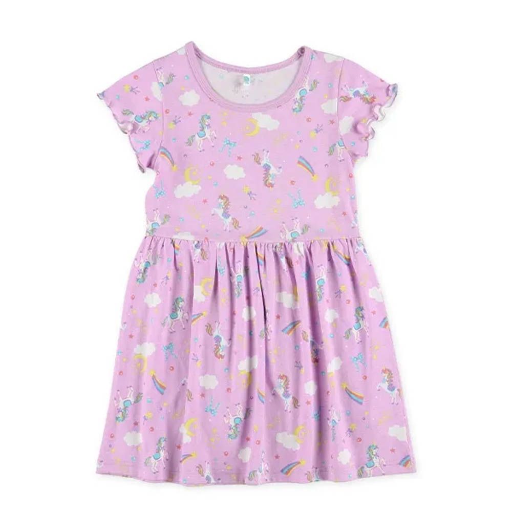 100%棉 夢幻獨角獸印花短袖洋裝-薰衣草紫