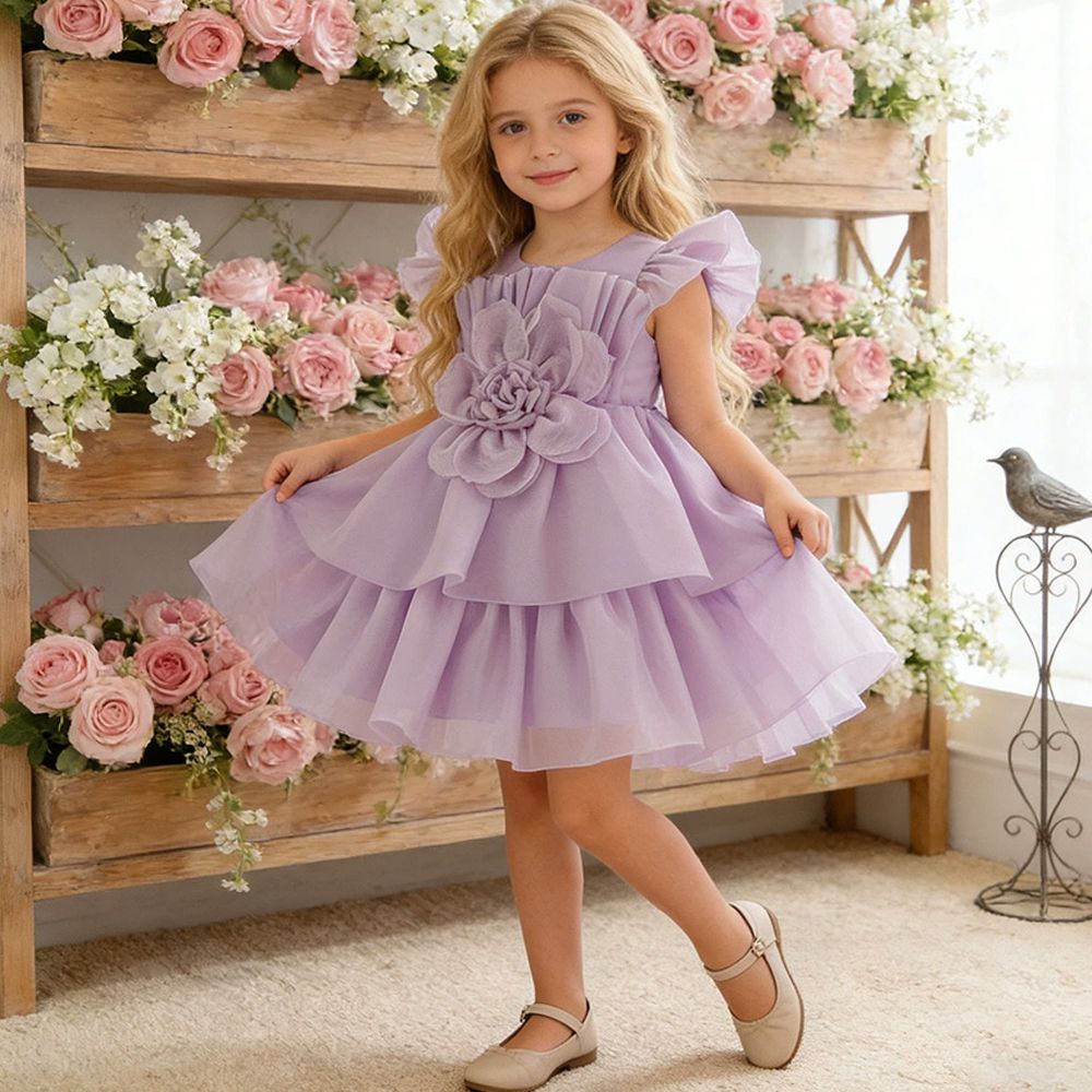 精緻壓褶立體花朵飛袖禮服-紫色