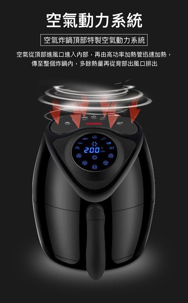 RICHMORE - 液晶觸控式安全安心氣炸鍋-RM055-黑色-內鍋3L / 外鍋4L