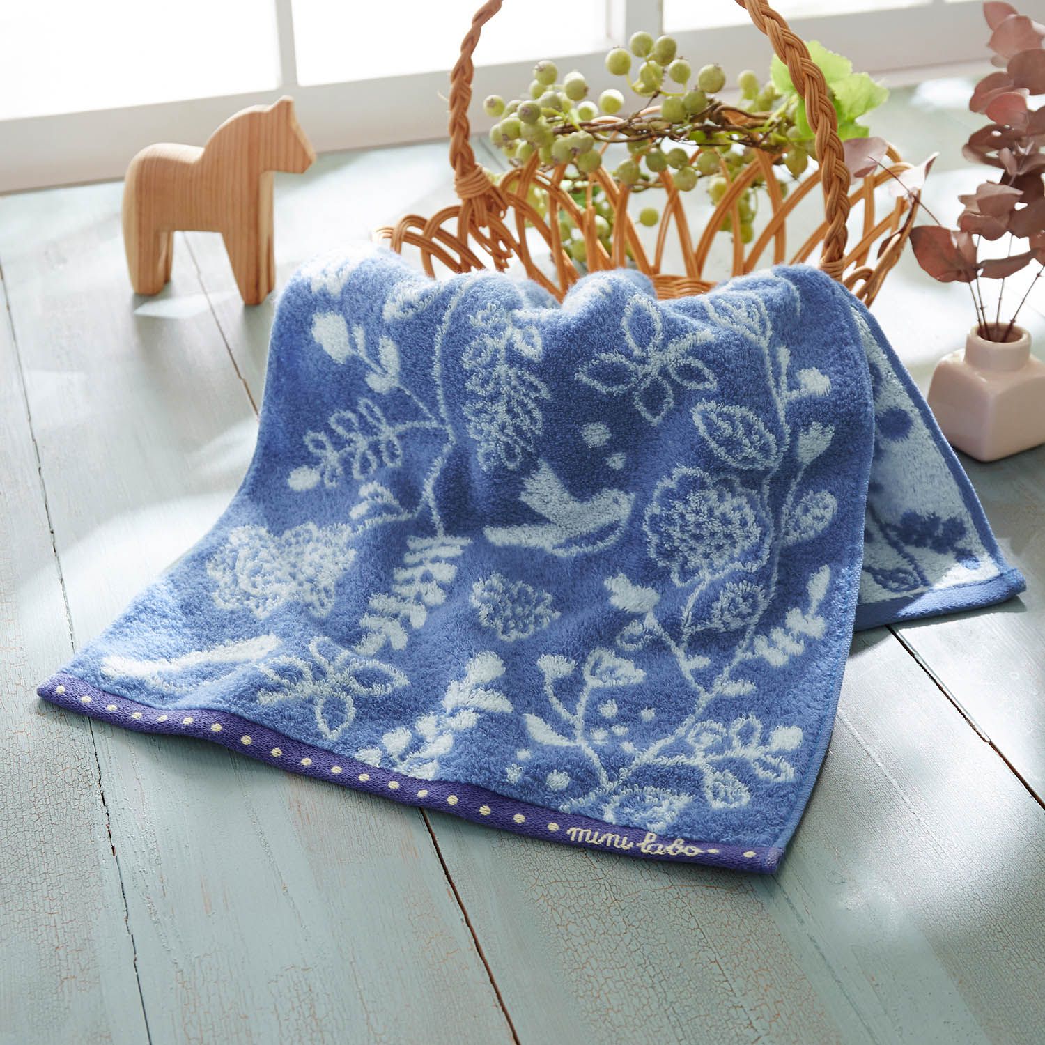 日本千趣會 - mini labo 法式浪漫無燃系純棉長毛巾-花鳥-藍 (34x80cm)