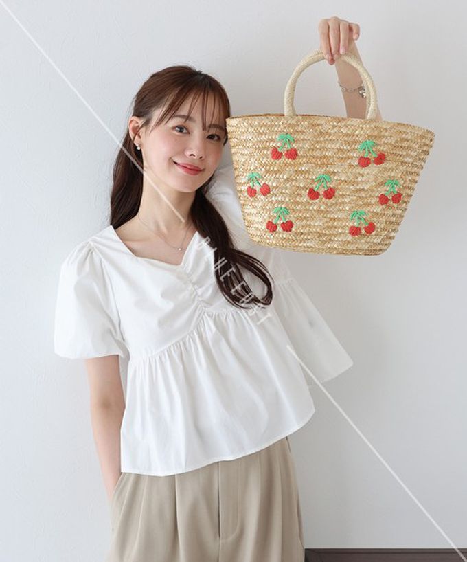 日本 BLUE EAST - 可愛水果刺繡夏日草編手提包-櫻桃