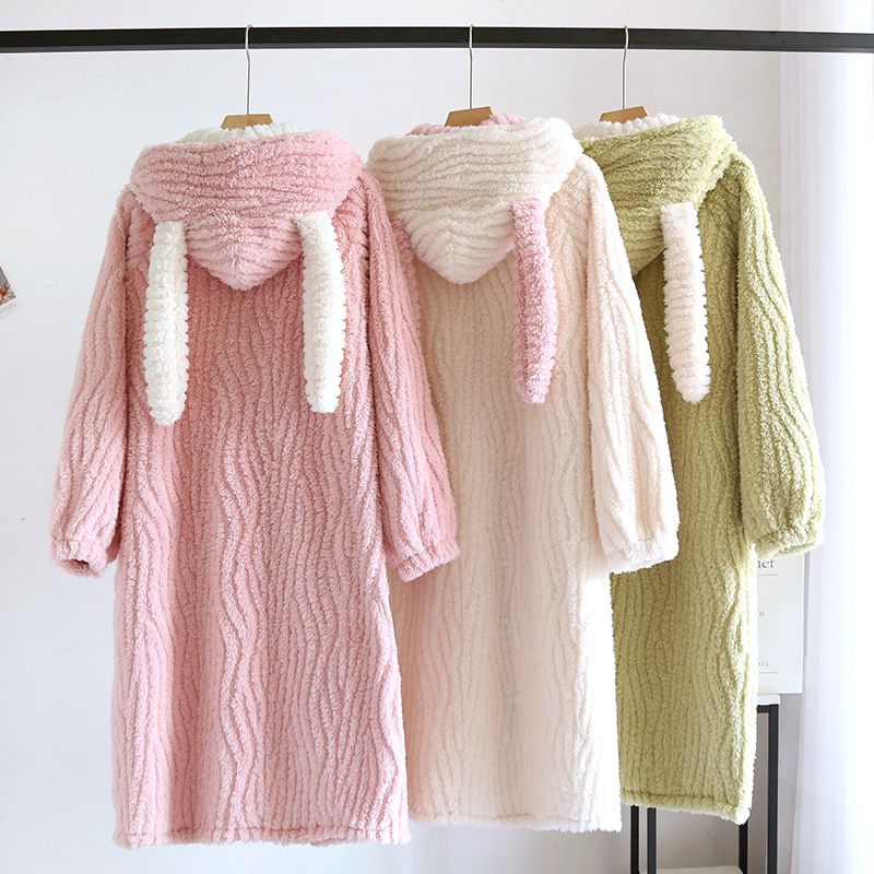 法蘭絨造型暖暖連身睡袍-兔子耳朵-米白色