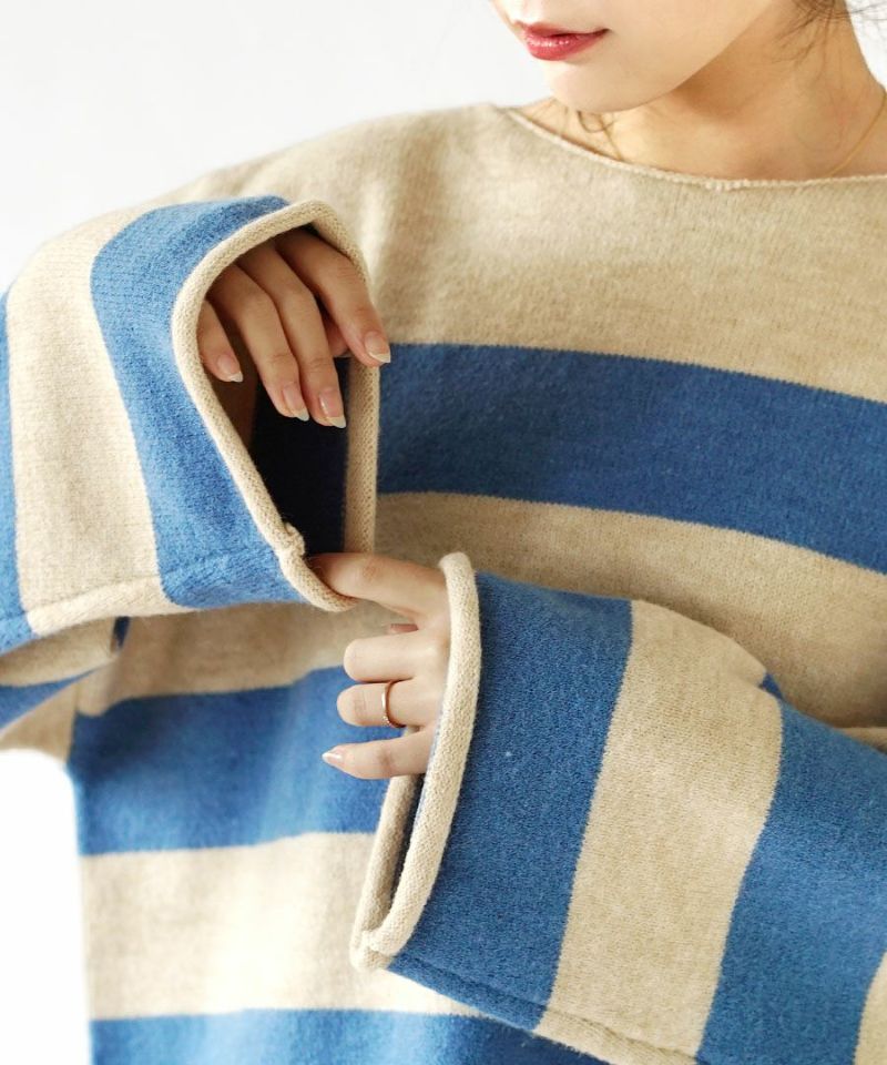 日本 zootie - 撞色粗條紋寬鬆針織上衣-白x灰