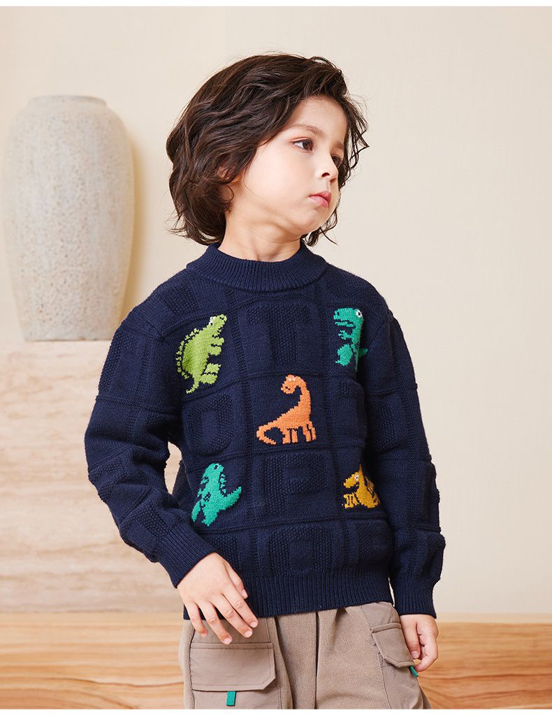 圓領保暖針織長袖上衣/毛衣-英文字恐龍-橘色