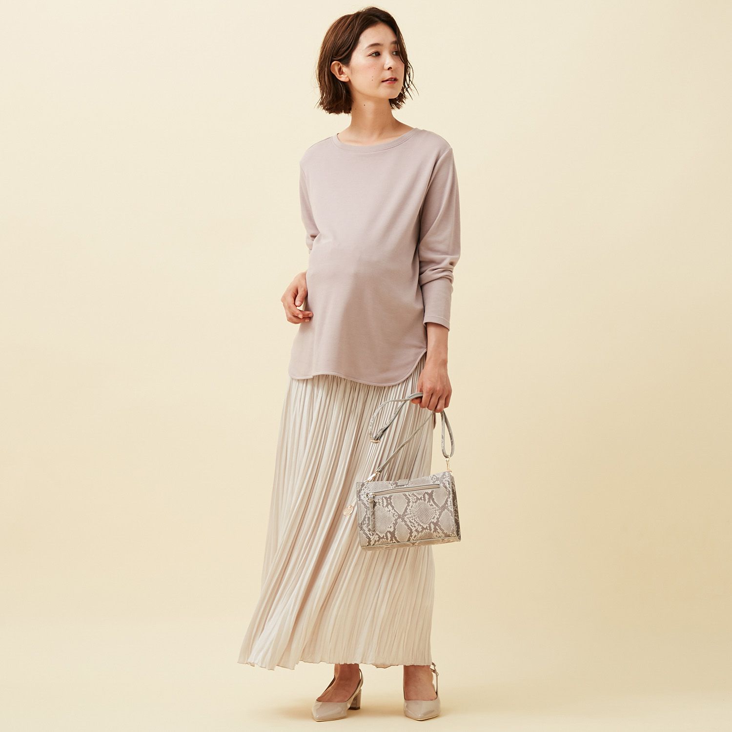 日本千趣會 - 孕婦百褶長裙-米杏