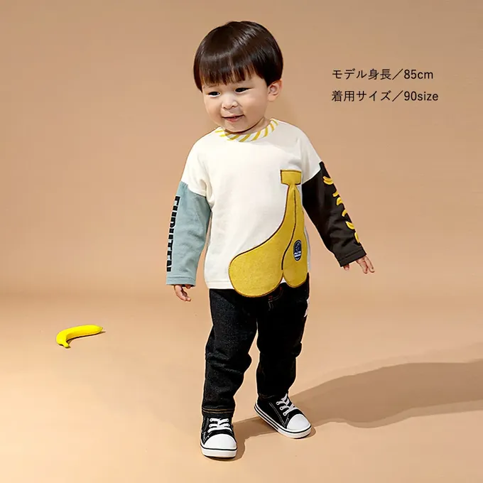 日本 ZOOLAND - 水果樂園 燈芯絨香蕉撞色長袖上衣-黑