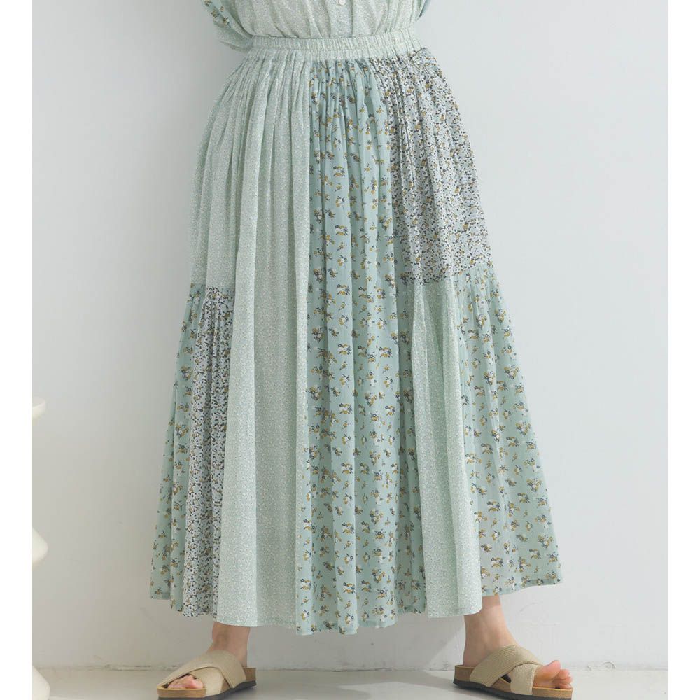 純棉巴里紗花朵拼布細摺長裙-薄荷綠