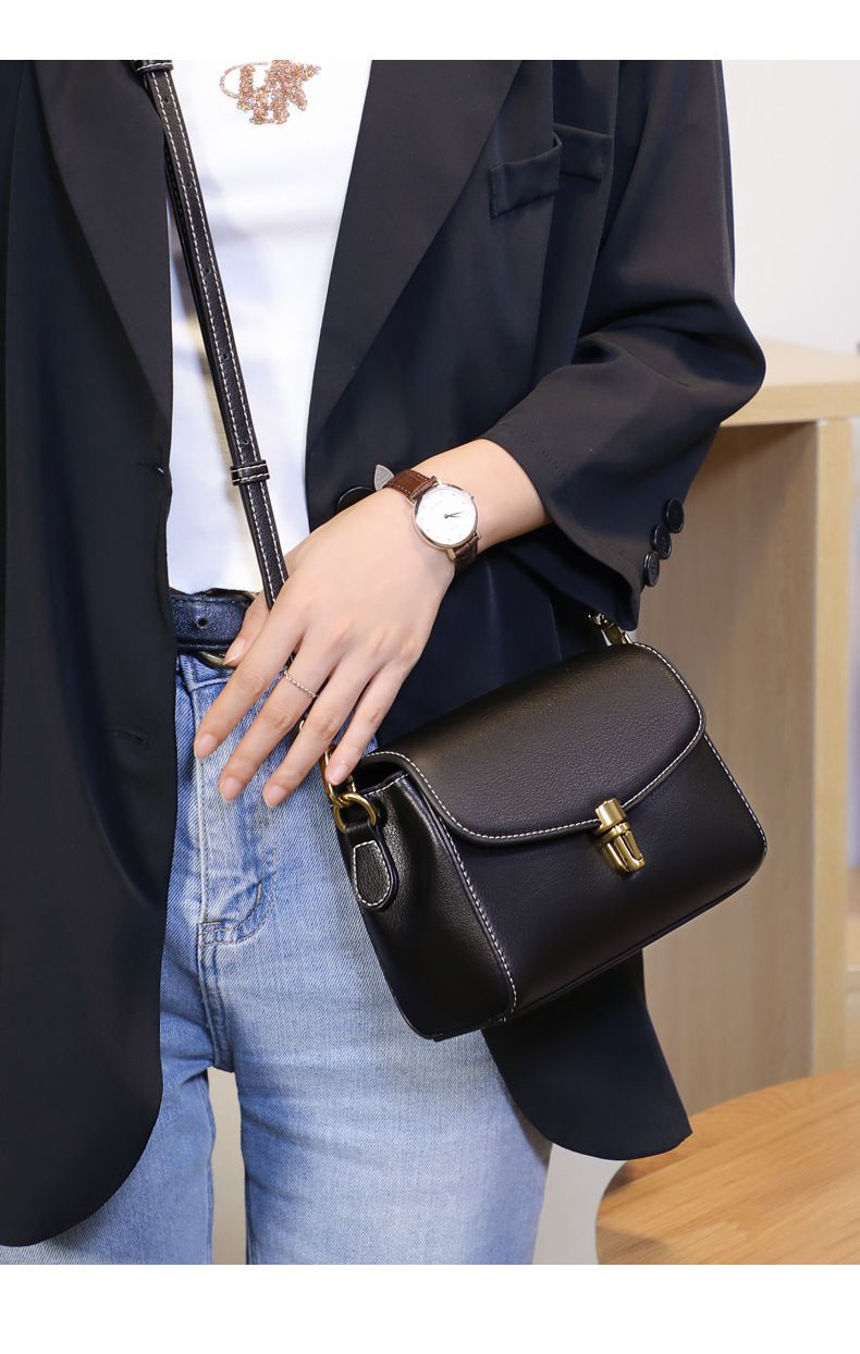 真皮時尚簡約小方包/斜背包-墨綠色 (17.5x12x7.5cm)