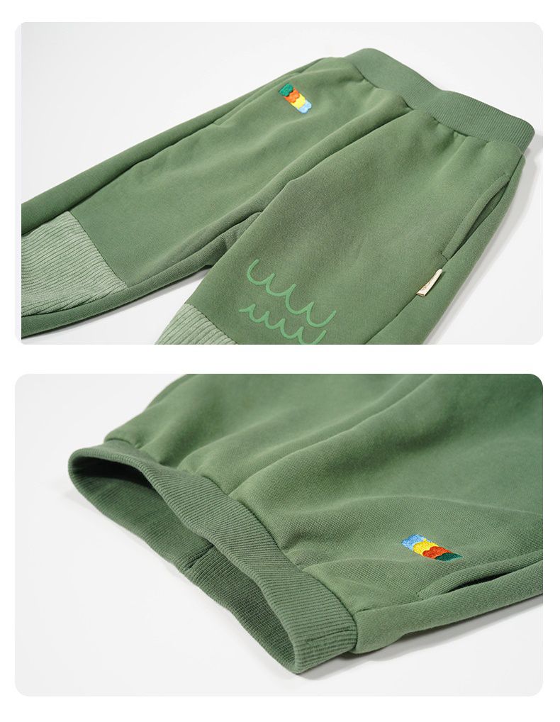 Minizone - 加絨拼接束口長褲-刺繡小波浪-黃色