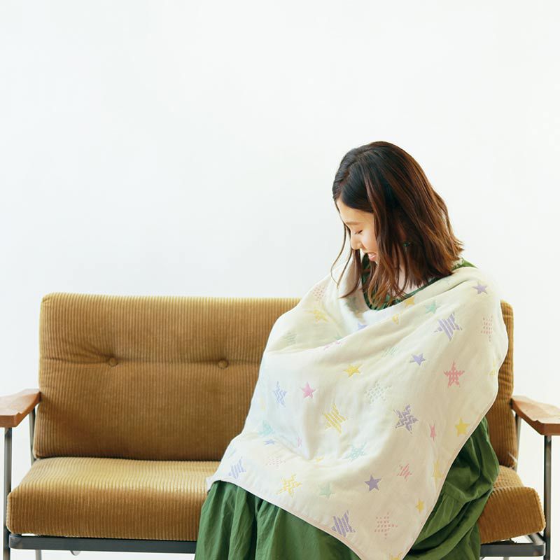 akachan honpo - 6層棉紗被 附固定夾-星星-米白色 (70×85cm)