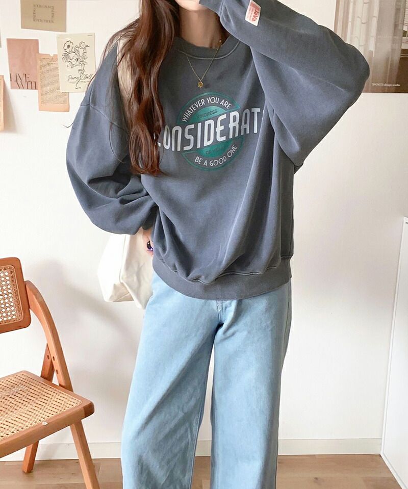 日本 Classical Elf - 水洗復古感印花寬鬆大學T-灰藍