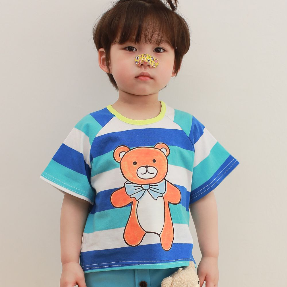 韓國 Coco Rabbit - 寬版條紋熊熊印花T-藍