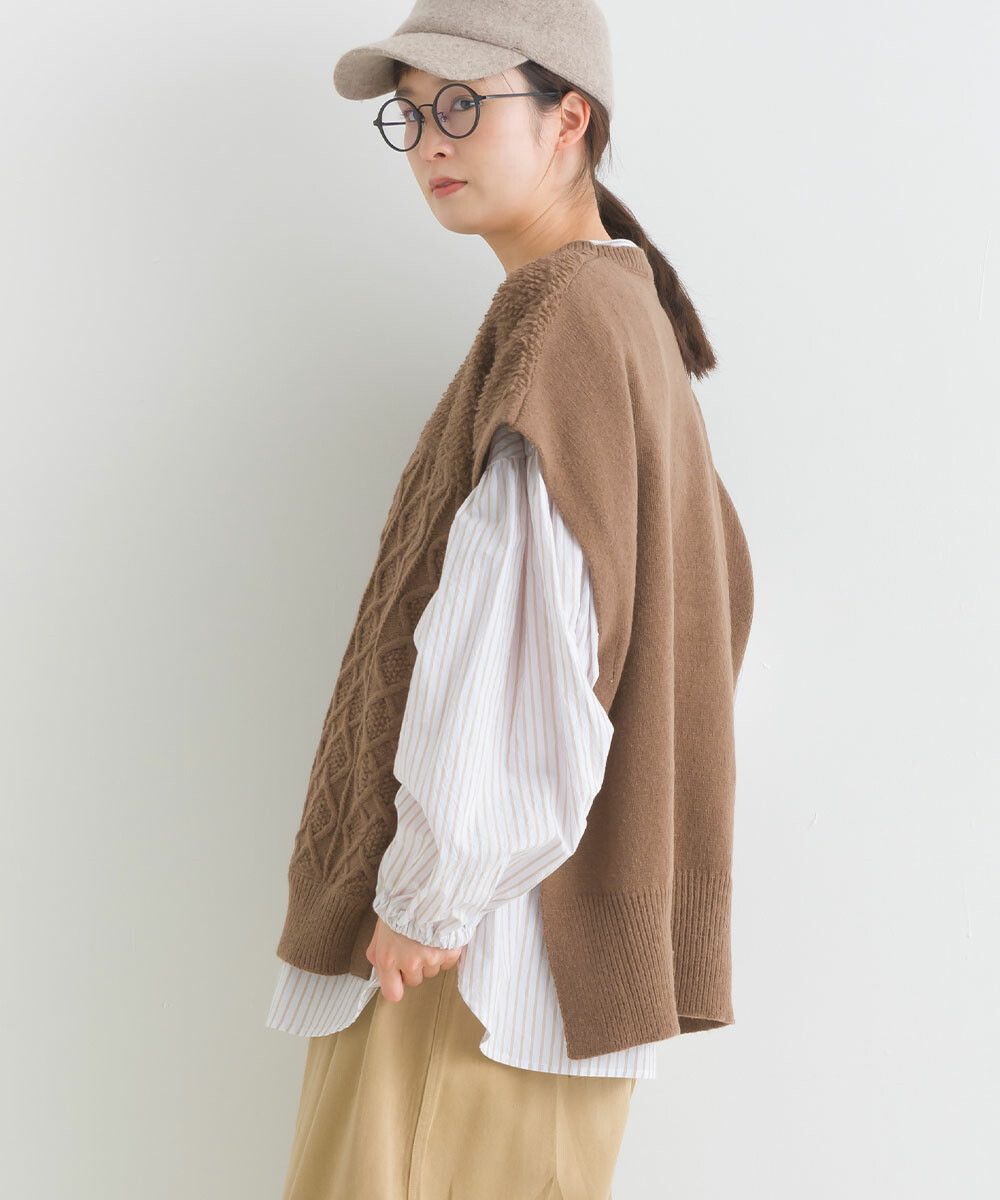 日本女裝代購 - 圓領編織紋拼接針織背心-咖啡
