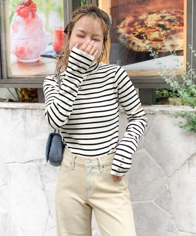 日本 Classical Elf - 時尚度UP金釦開叉袖小立領上衣-橫條紋-黑白