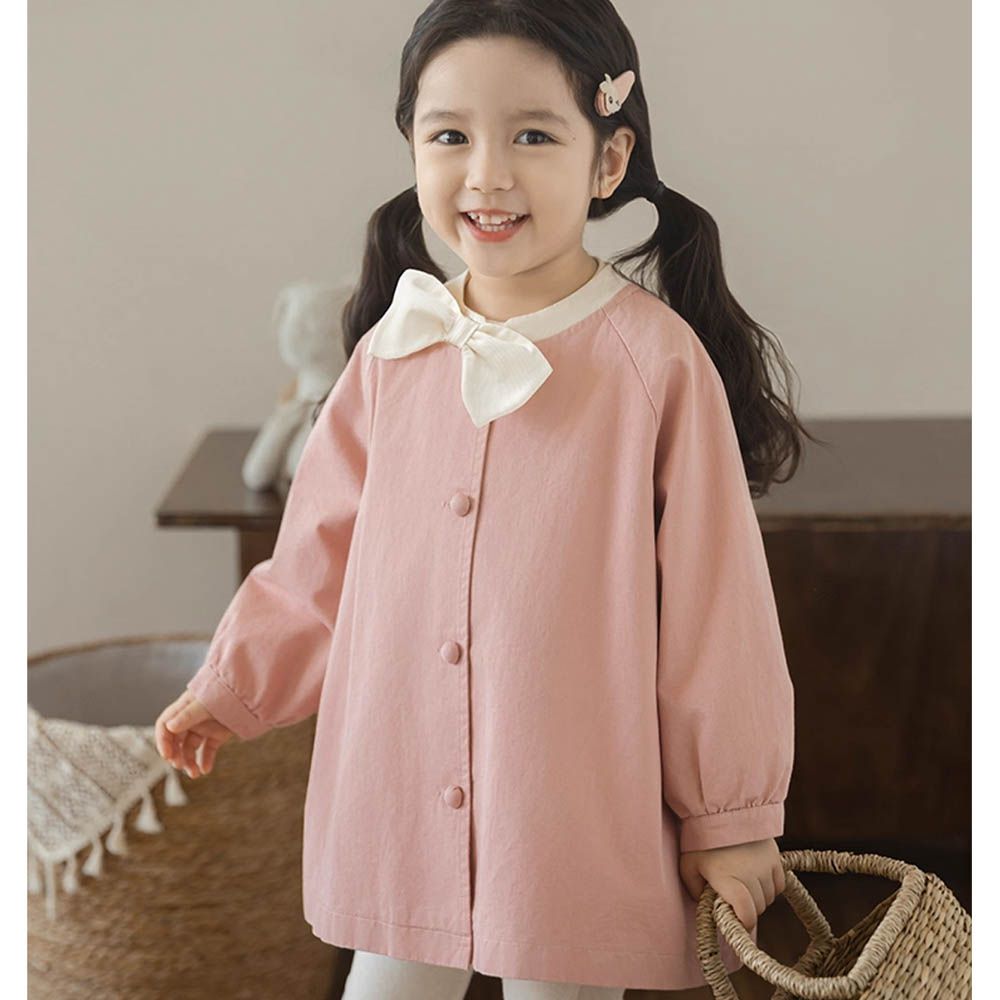 撞色蝴蝶結中長款休閒外套-粉色