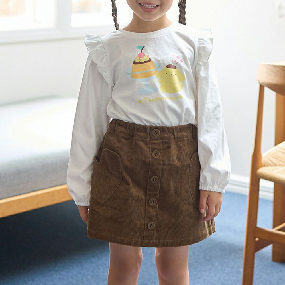 聯名款 正反穿肩荷葉印花長袖上衣-卡通人物布丁狗-白