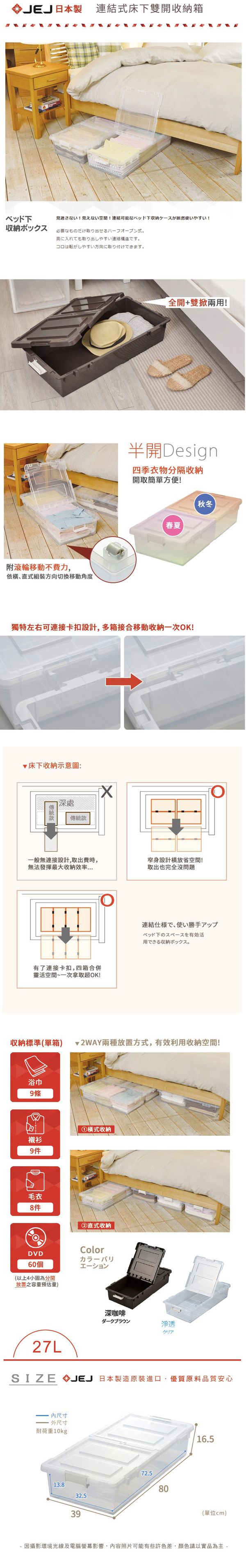 日本JEJ - 日本製連結式床下雙開收納箱-透明-27公升/3入