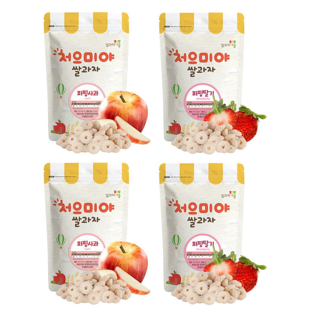 韓國SSALGWAJA米餅村 - 免運組-寶寶糙米圈圈-水果口味4入組-蘋果*2/草莓*2-50g/包，共4包