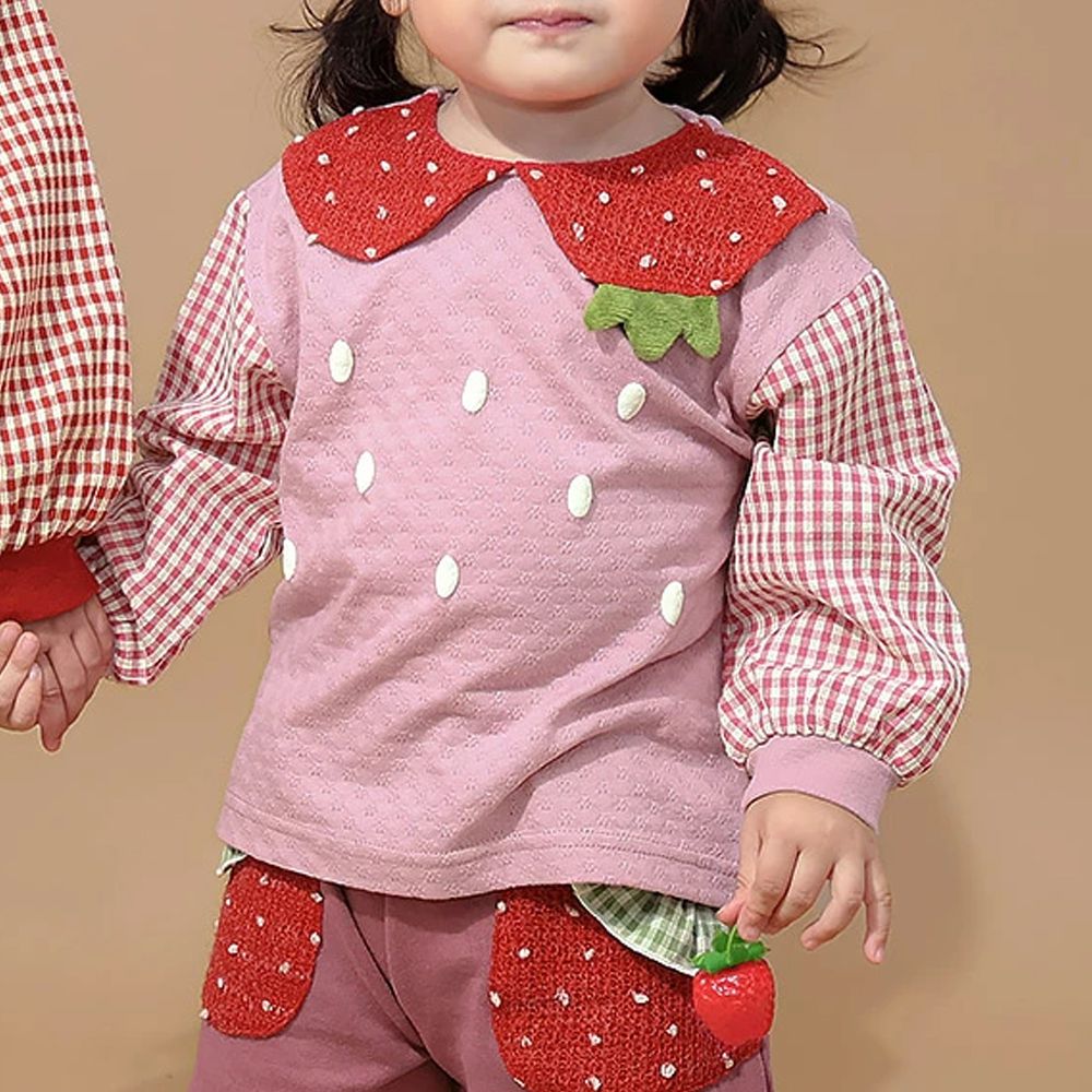 水果樂園 可愛草莓領口長袖上衣-粉紅