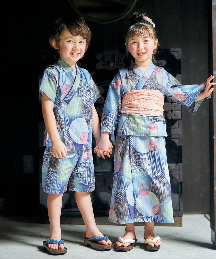 日本 apres les cours - 華麗腰帶風純棉二件式浴衣-椿花-紅藍條紋