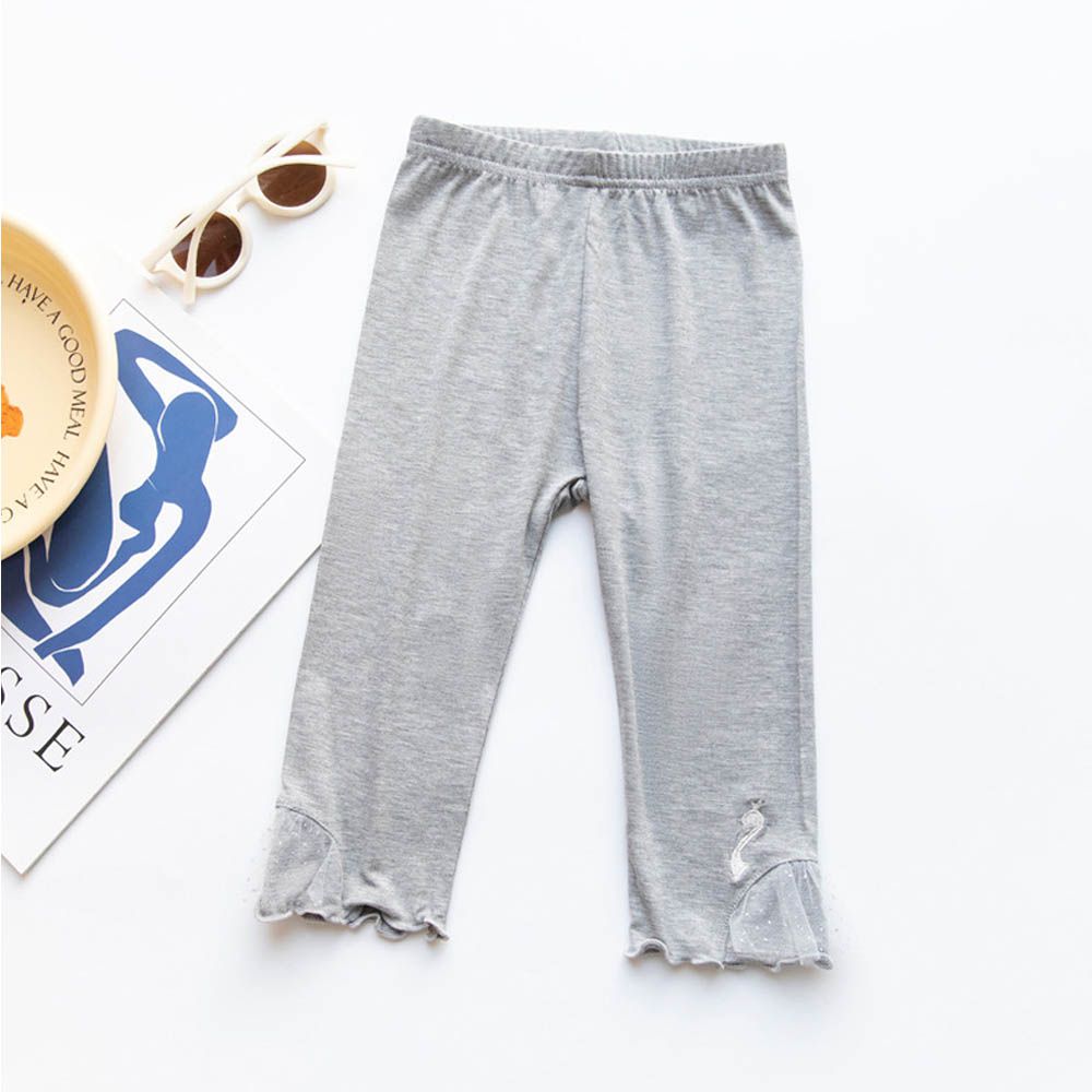 涼感七分內搭褲-蕾絲天鵝-灰色