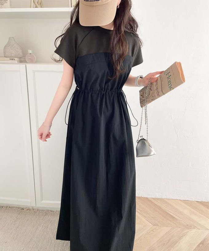 日本 Classical Elf - 法式袖拼接縮腰抽繩洋裝-卡其x淺灰