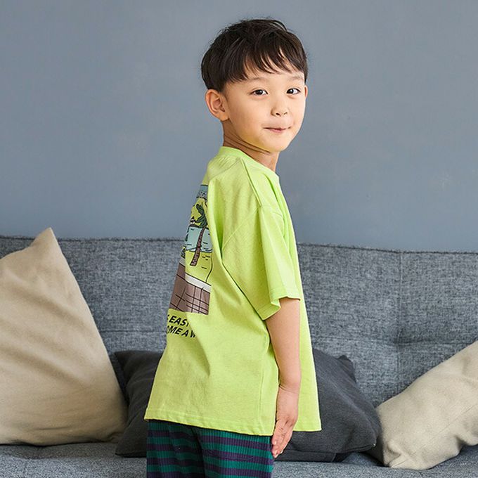 日本 petit main - 100%棉 夏季感印花短袖上衣-一起衝浪-白