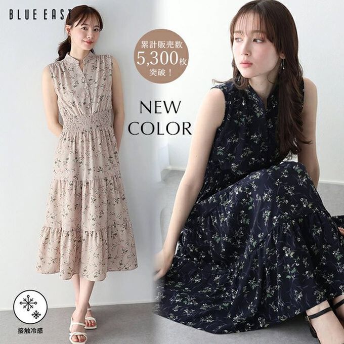 日本 BLUE EAST - 接觸冷感 縮腰顯瘦立領無袖洋裝-線條-黑 (M)